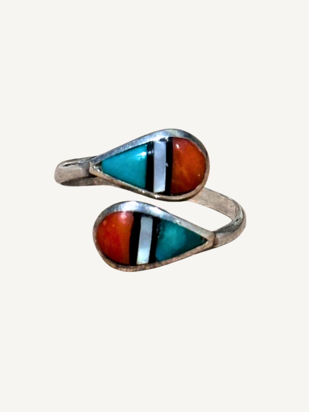 Signed Zuni Sterling Turquoise Coral MOP Onyx Size 6.5 Vintage Bypass Ring